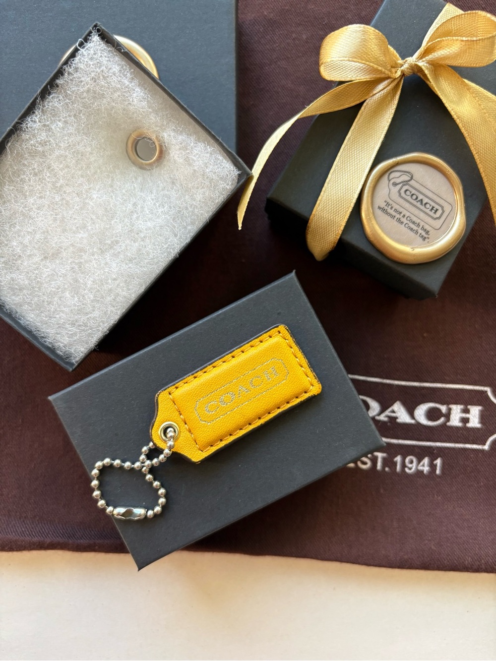 Y2K Coach Yellow Leather Hang Tag 2” Bag Charm Custom Lozenge Wax Seal Gift Box